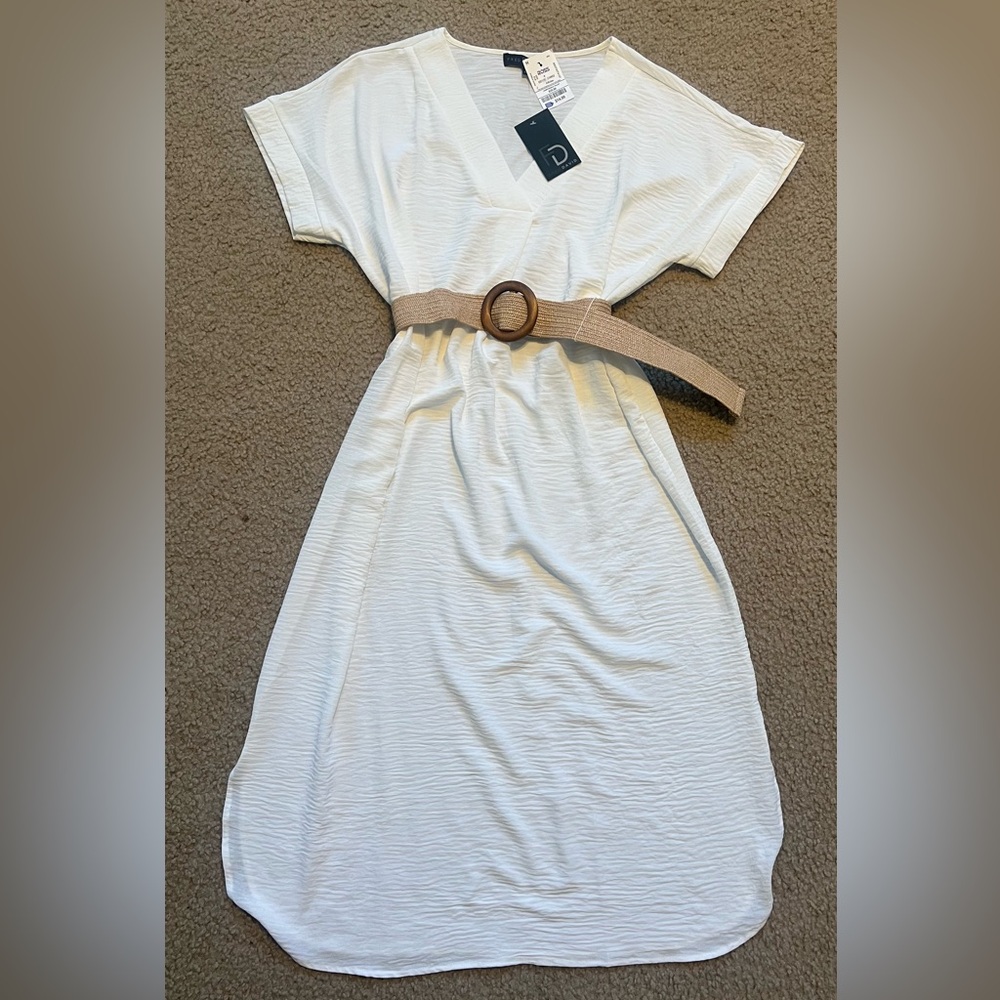 Fred David V Neck Dress With Belt, Cap Sleeves, Color: White, Size L, NWT
